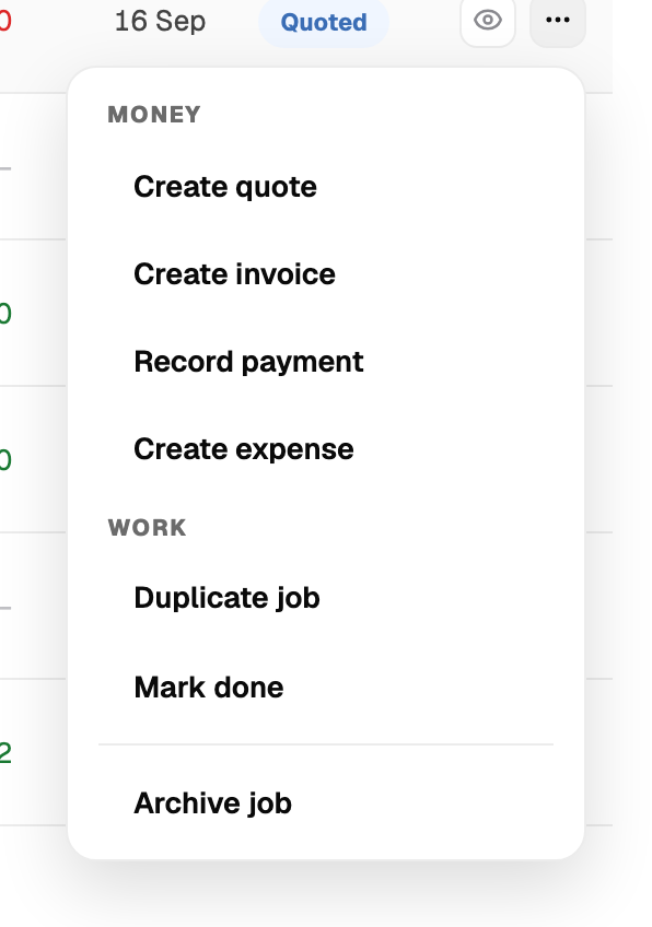 Job row menu with Archive job