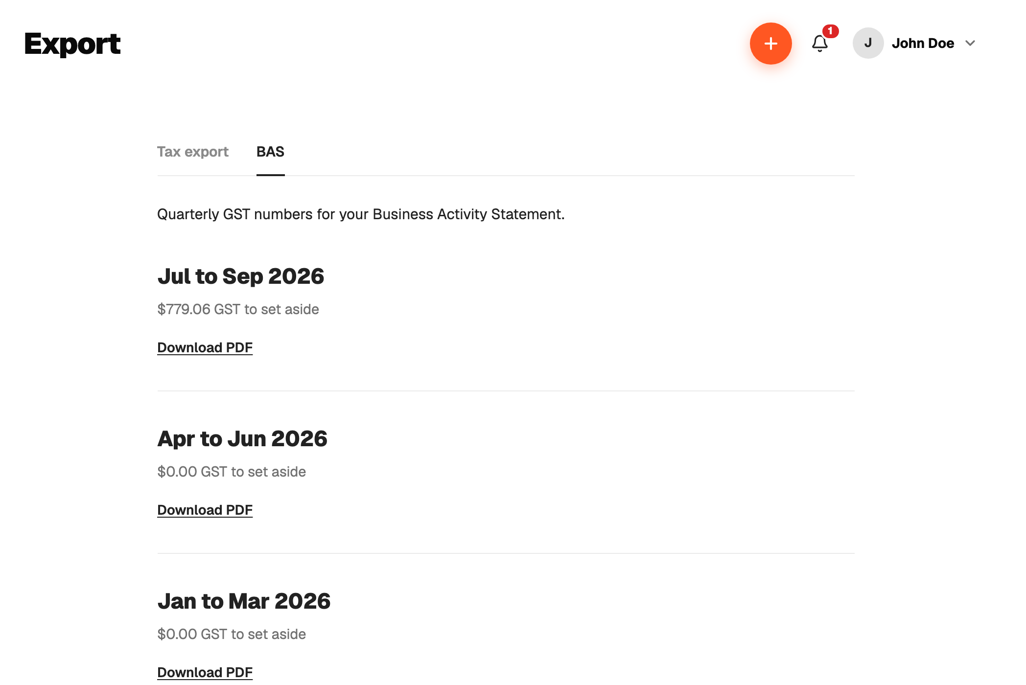 Export page, BAS tab