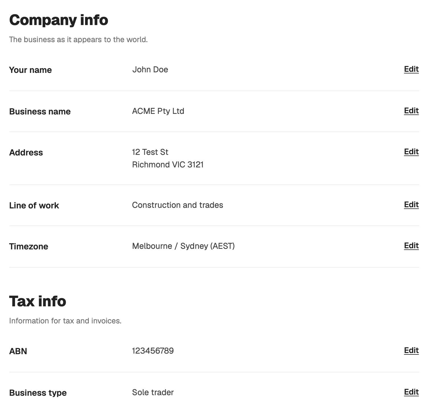 Business profile, company and tax info