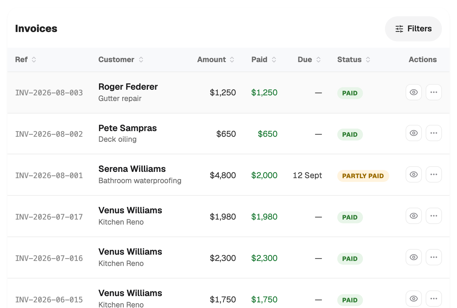 Payments page, invoices table
