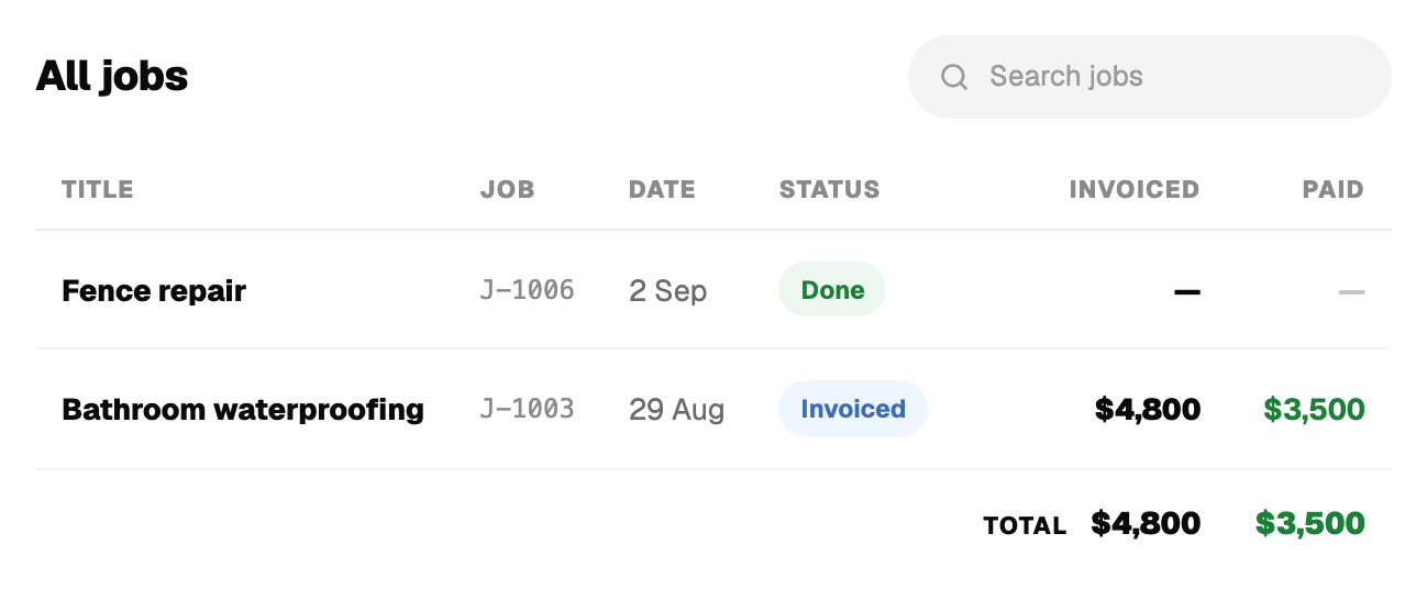 Customer page, all jobs with invoiced and paid