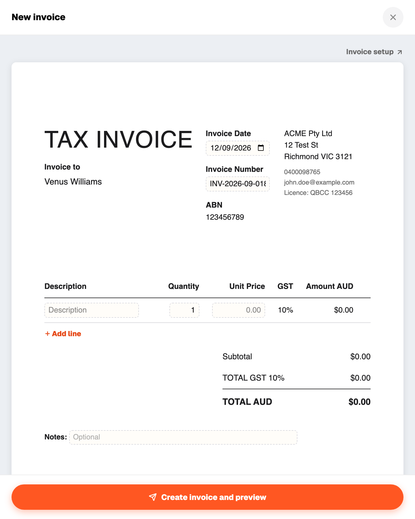 New invoice sheet
