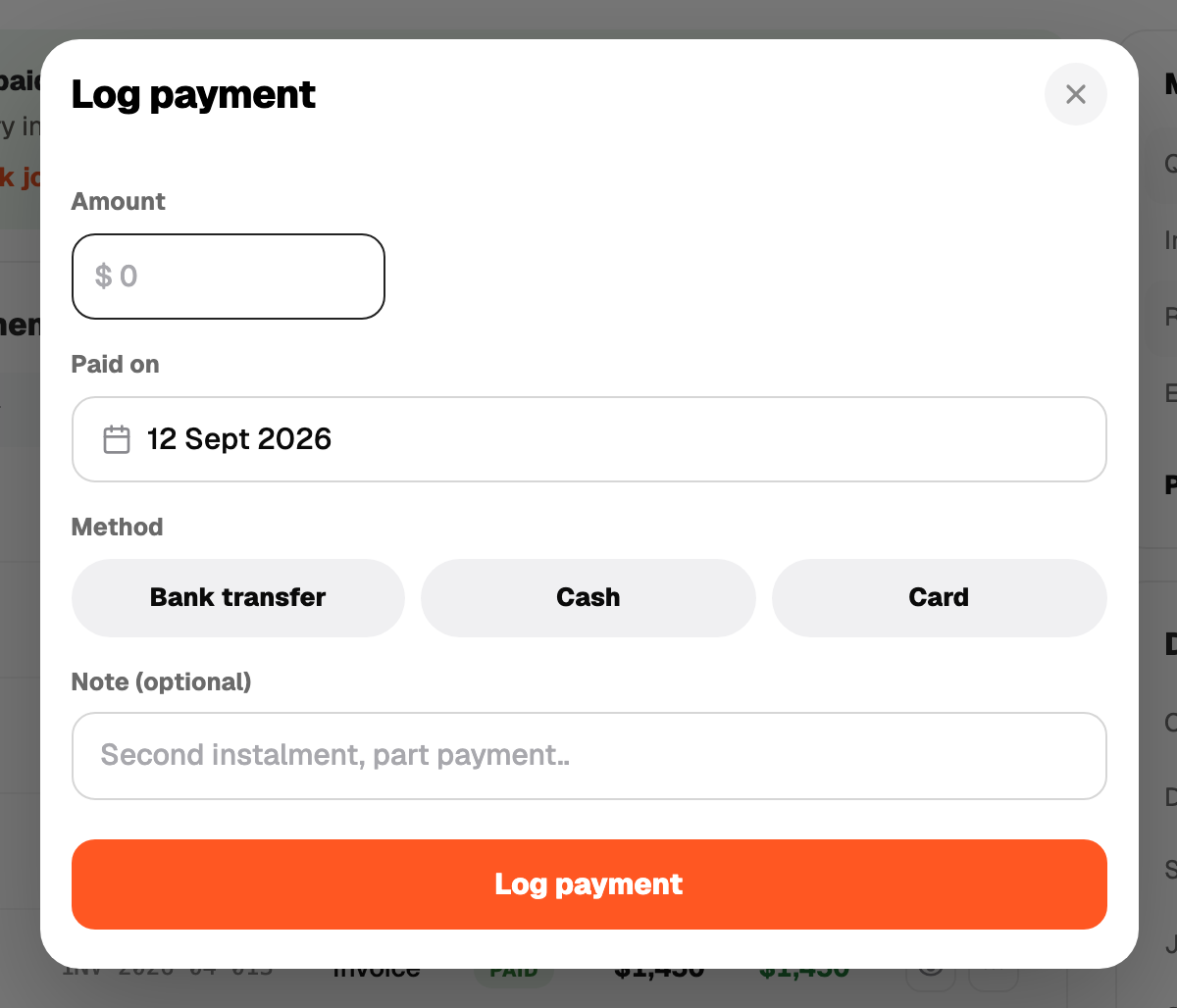 Log payment sheet