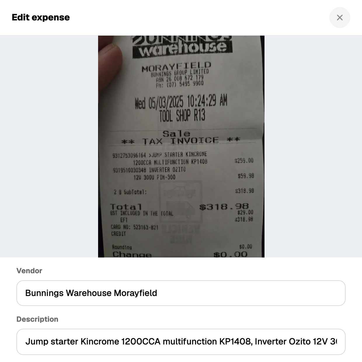 Scanned receipt with the fields filled