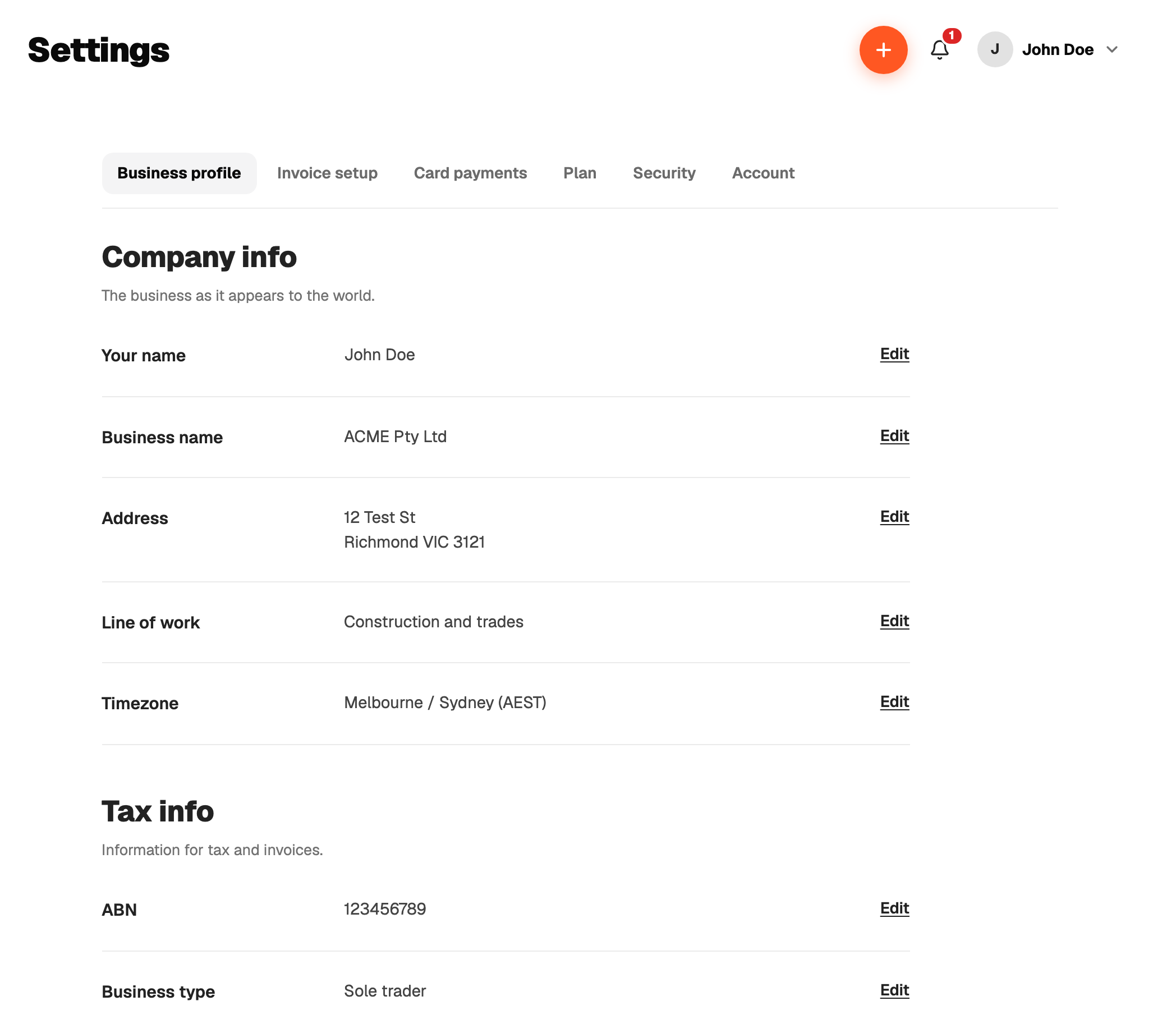 Settings, Business profile
