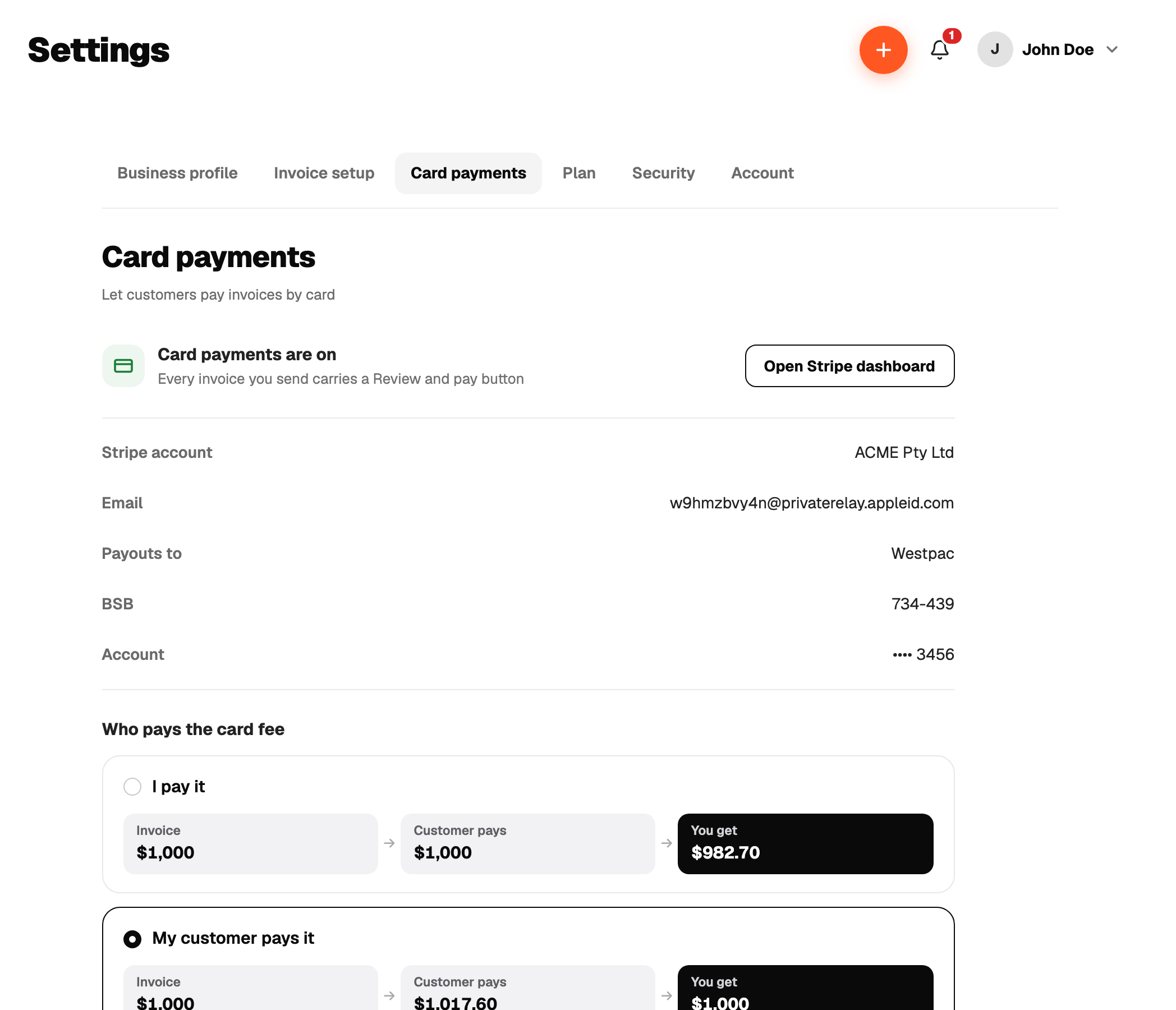 Settings, Card payments