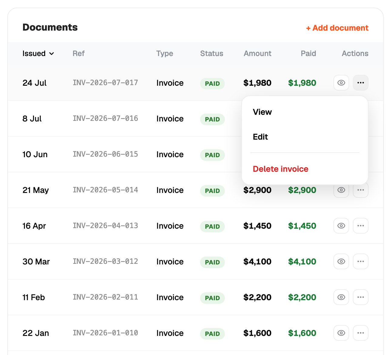 Document row menu on a job