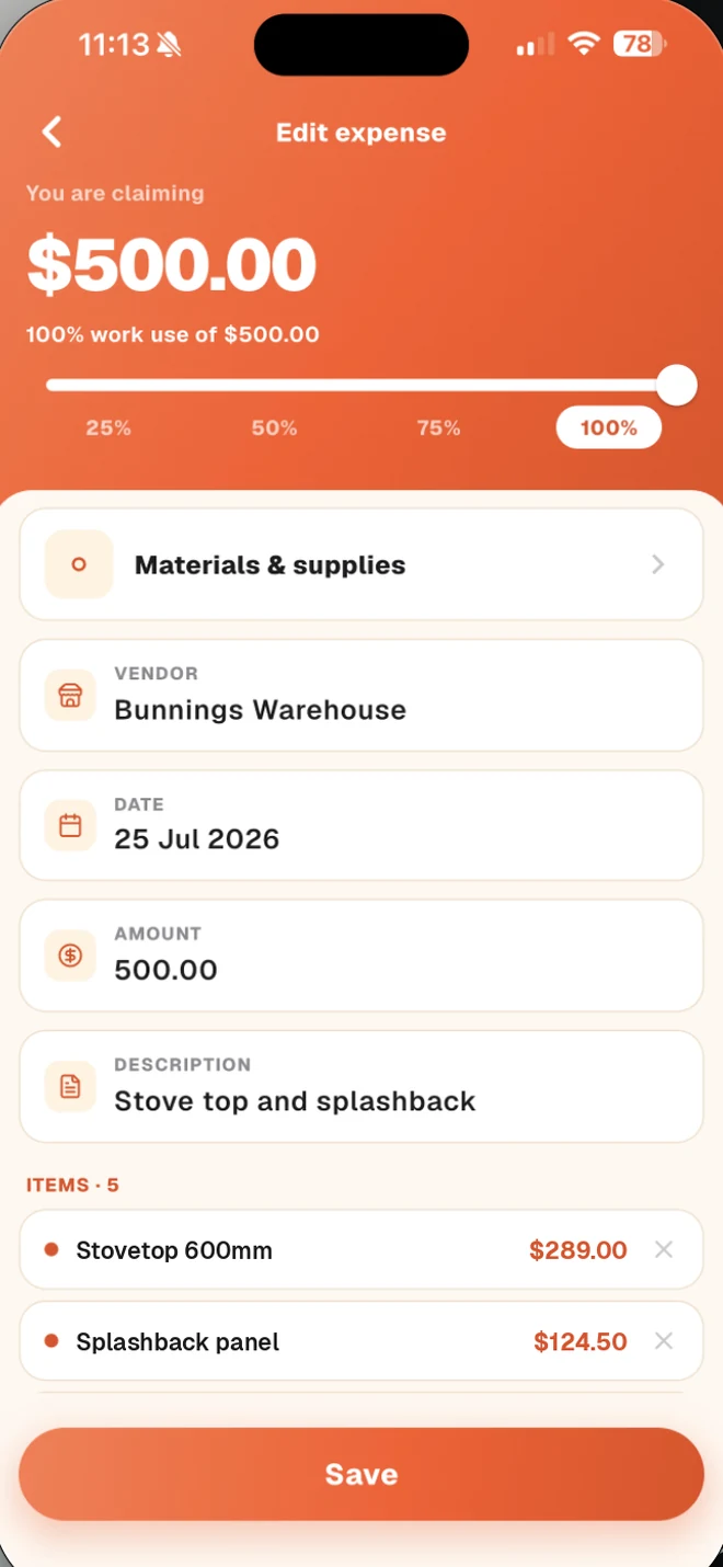 Expense editor with a Bunnings receipt filed to the job