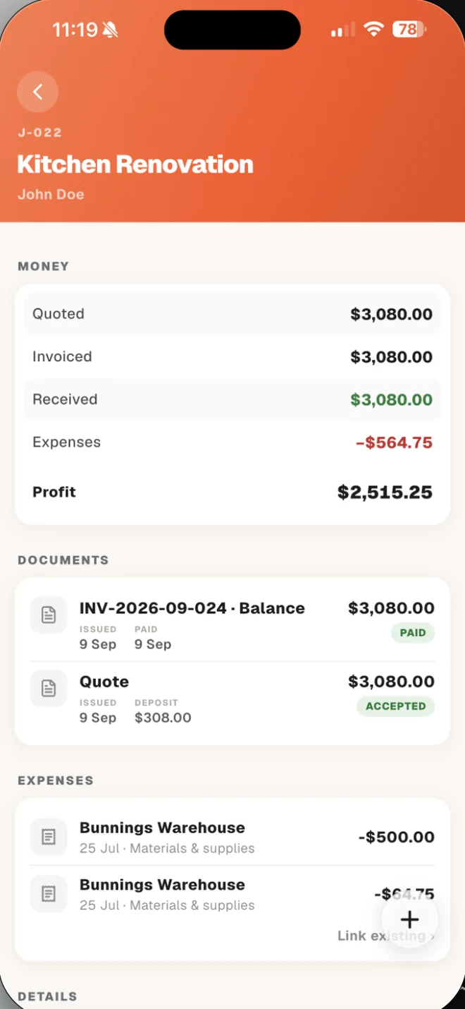 Job detail showing the invoice paid and profit